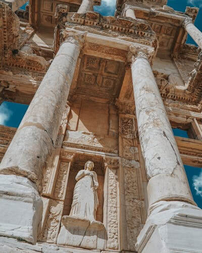 Sculpture on the facade of the Library of Celsus ruins in Ephesus