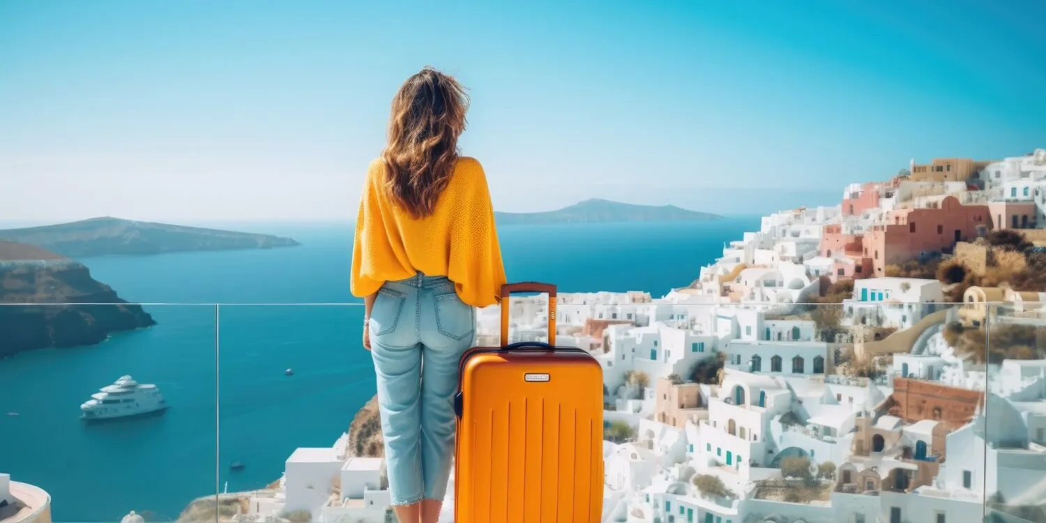 A woman with a suitcase overlooking white cliffside buildings and the blue sea in Santorini
